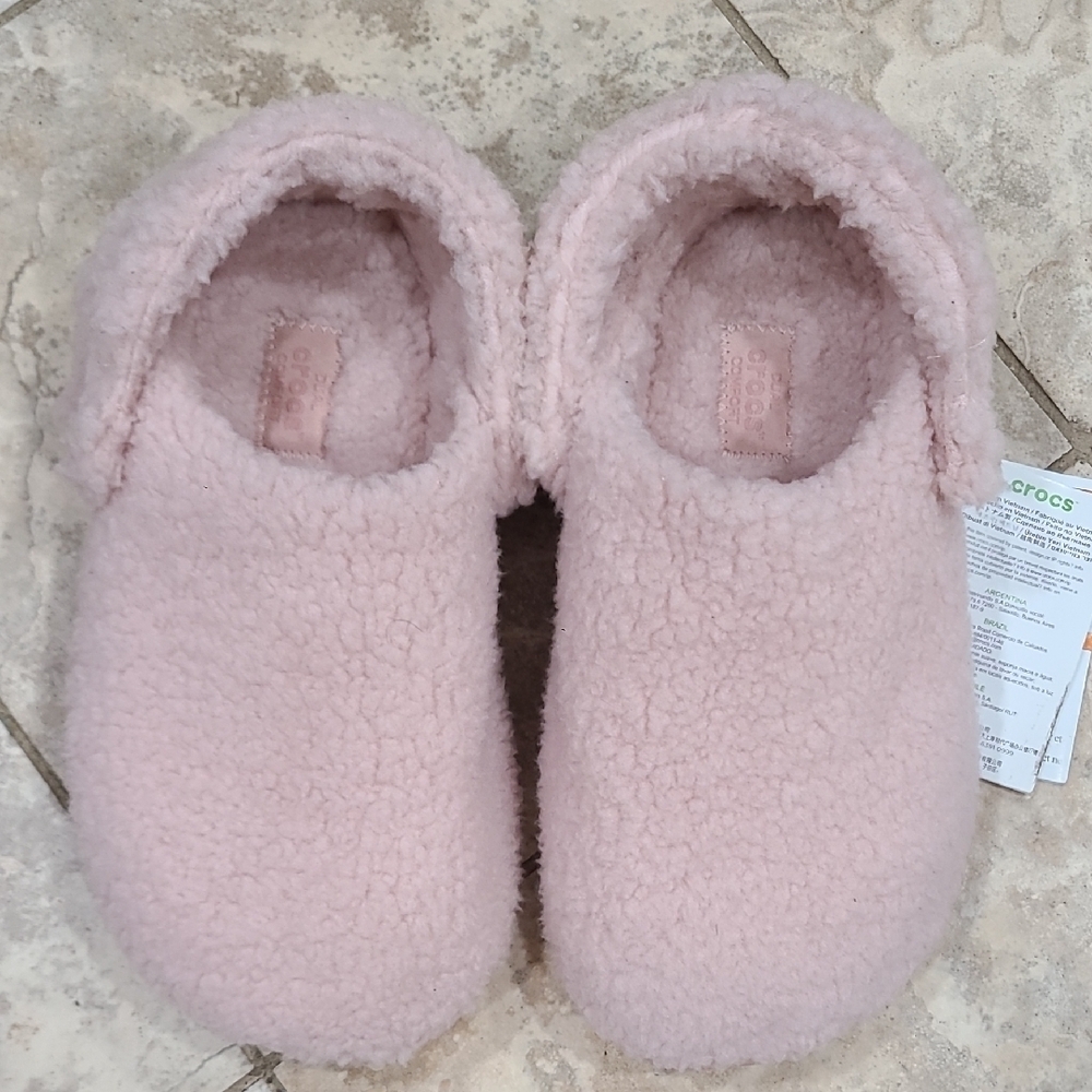 CROCS Women's Pink Fuzzy Slippers - Picture 2 of 9